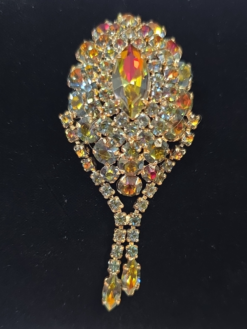 Vintage Aurora Borealis Crystal Teardrop Marquise Cut Gem Multi Layered Brooch